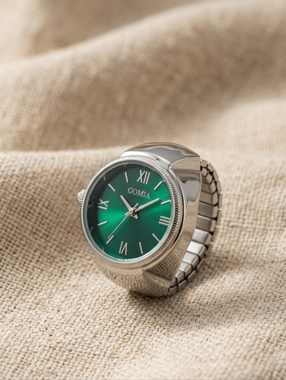 Silver Tone Green Dial Men's Ring Watch Stainless Steel Adjustable